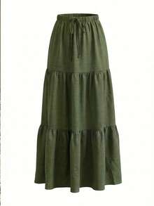 EARO Women's Long Layered Skirt, Drawstring Waist, Casual Fabric, Non-Stretch, Suitable For Daily Wear Spring - Green - View 2