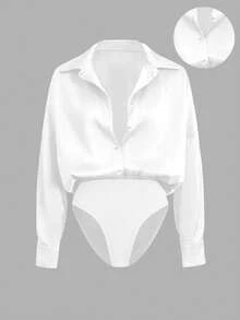 Women's Bodysuit, Fashion Shirt, Versatile, Loose, Slimming, Casual, Business, Korean Style, Spring & Summer White Elegant Fall - White - View 6