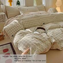 Bộ chăn ga gối 3/4 món, bộ vỏ chăn bằng polyester in hình nơ, bộ vỏ chăn kẻ sọc màu be, bộ chăn ga gối nhẹ, mềm mại, thoáng khí, hai mặt, kiểu dáng vườn, phong cách Scandinavia cổ điển sang trọng (1 vỏ chăn + 1 ga trải giường + 1/2 vỏ gối, không bao gồm ruột chăn) - Vải ngôn ngữ tình yêu - Xem 2