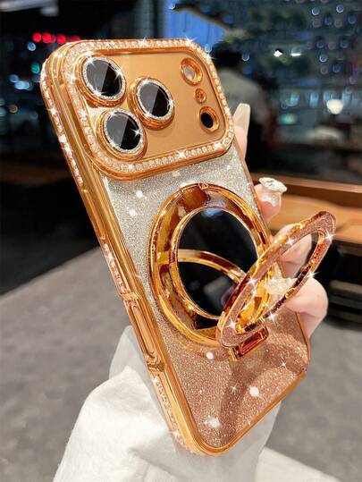 Ốp lưng điện thoại cao cấp đính đá lấp lấp lánh, chống rơi vỡ, tích hợp gương trang điểm lấp lánh, phù hợp với 17ProMax, 17Pro, 17, 16Promax, 15, 14 Plus, 13, 12 Pro Max, 11, 17Air, chất lượng cao, chống sốc.