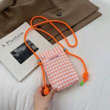 格纹迷你斜挎包，男女通用休闲单肩包，零钱包 - 橘色 - 查看 3