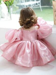 0-3岁女婴优雅泡泡袖蝴蝶结粉色连衣裙，公主裙，适合一周岁生日派对、婚礼、节日庆典等场合 - 粉色 - 查看 2