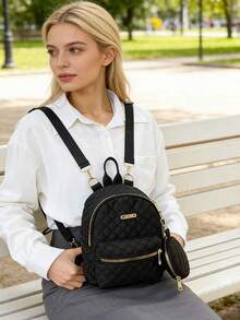 Ba lô mini chần bông dành cho nữ, có ngăn đựng tiền xu, túi đeo chéo 2 trong 1, ba lô nhỏ gọn thường ngày cho bé gái. - Nhiều màu - Xem 3