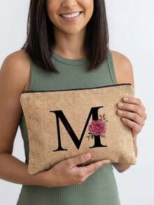 1pc A-Z Letter & Floral Print Cosmetic Bag, Lightweight Travel Toiletry Organizer - Multicolor - View 11