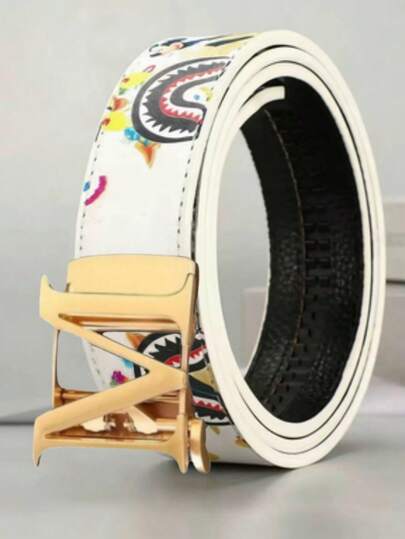 Men's Belt, Cartoon Shark Print, Automatic Buckle, PU Leather, Streetwear Fashion, White Belt, Accessories, For Jeans, Youth Style