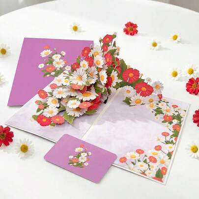 1pc Pop-Up Daisy Flower Greeting Card, Designed With Pink Floral Arrangement, Suitable As Mother's Day, Birthday, Anniversary, Valentine's Day Gift, Comes With Envelope.
