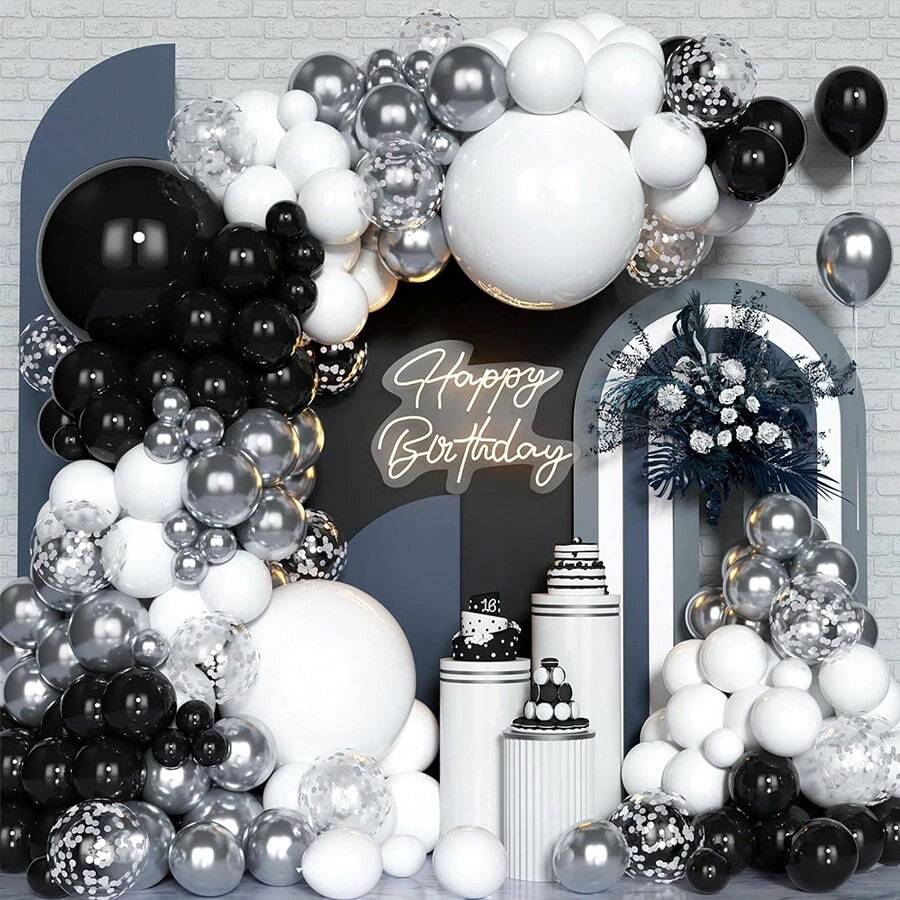 黑白银色气球拱门套装，110个黑白金属银色亮片气球花环，适用于女性订婚、周年纪念、毕业典礼、婚礼、情人节、单身派对、生日等场合 - 多色 - 查看 1