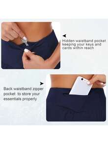 Womens High Waisted Running Shorts Quick Dry Athletic Workout Shorts With Mesh Liner Zipper Pockets - Navy Blue - View 5