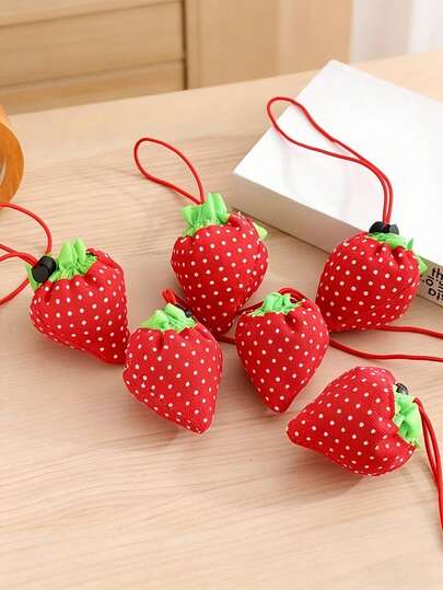 6PCS Adorable Strawberry-Shaped Reusable Shopping Bags With Green Bows And Red Polka Dots, Foldable And Washable Oxford Fabric Tote Bags With Sturdy Handles, Made Of Durable Polyester, Ideal For Travel, Markets, Shopping, And Gift Wrapping