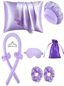 10pcs Sleep Hairstyle Design Tool Set, Including 1pc Curling Iron, 1pc Silk Pillowcase, Suitable For Hair & Skin Queen Set, Silk No-Heat Curling Set, Overnight Curler, 1pc Soft Sleep Eye Mask - Multicolor - View 18
