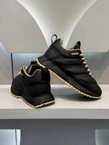 黑色荔枝纹理厚底运动鞋，卡其色绳带透气休闲增高鞋，百搭美式街头风健身房训练鞋，四季皆宜 - 黑色 - 查看 2