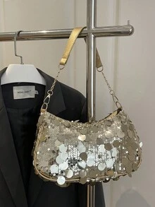 闪亮亮片链条肩带大容量女士个性化新款夏季时尚别致腋下包 - 金色 - 查看 8