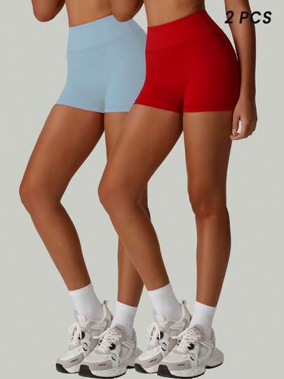 2 Pieces Summer Women's Stretch Solid Color High Waist Yoga Sports Cycling Shorts Athletic Training Active Wear Gym Shorts Fitness Running Shorts