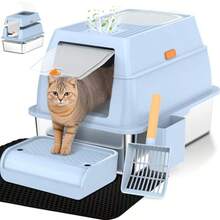 Vivifying - Caja de arena de acero inoxidable con tapa entrada frontal XL caja de arena extragrande para gatos y gatitos grandes sartén de metal extraíble para gatos con carcasa de alta cara - Azul - Ver 8