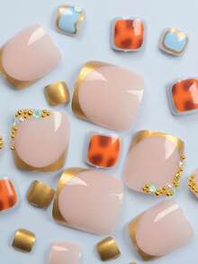 24片短款假指甲，金色和棕色豹纹3D钻石可爱合金亚克力美甲贴纸，附赠1支果冻胶和指甲锉，适合女性日常、约会、派对等场合。 - 彩色 - 查看 4