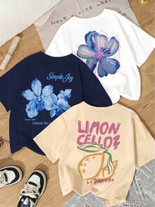 3pcs Women's Summer Floral & Letter Print Loose Casual Round Neck Short Sleeve T-Shirts, Multi-Color - Multicolor - View 4