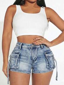 Women's Cute Casual Denim Shorts With Cargo Pockets, Medium Stretch, Zipper Fly, Straight Leg Fit - Blue - View 3