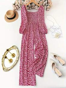 Women's Plus Size Red Floral Wide Leg Jumpsuit - Smocked Bodice Puff Sleeve Square Neck Jumpsuit, Lightweight Breathable One-Piece Outfit For Daily & Weekend Outings - 紅色 - 查看 3