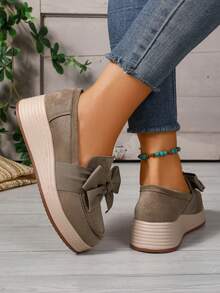 2026 Spring Autumn New Sweet Bow Wedge Loafers For Women Suede Slip-On Platform Wedge Pumps Daily Commute Date Shopping Casual Shoes - Khaki - View 7
