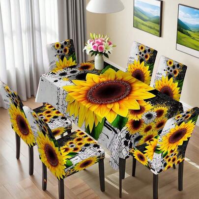 1/4/6/36pcs Sunflower Decor Series Pattern, Elastic Tablecloth & Chair Cover Set, Suitable For Home Kitchen, Party, Holiday Decoration, Indoor/Outdoor Dining Table And Chair Decor, Multi-Occasion All Season