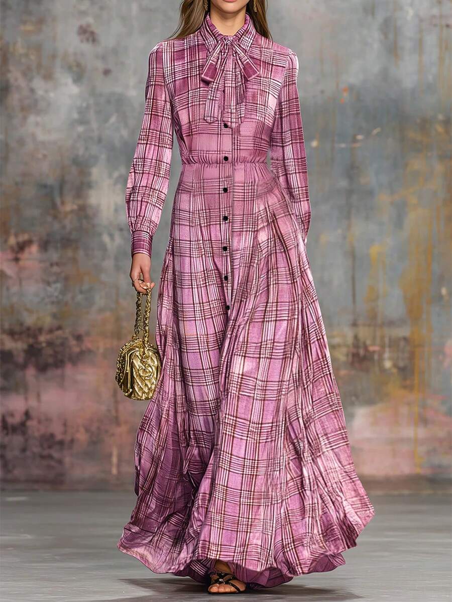 女士格子复古长裙，宽松版型，时尚纽扣修身翻领衬衫裙，粉色系春季优雅连衣裙，是派对和活动的完美之选。 - 粉色 - 查看 1