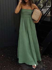 PoPoHouse Women's Elegant Maxi Dress Sexy Backless Strapless Ruched Bodice Flowy Maxi Dress Daily Casual Summer Beach Vacation Party Going Out Outfit Green Dress - Green - View 3