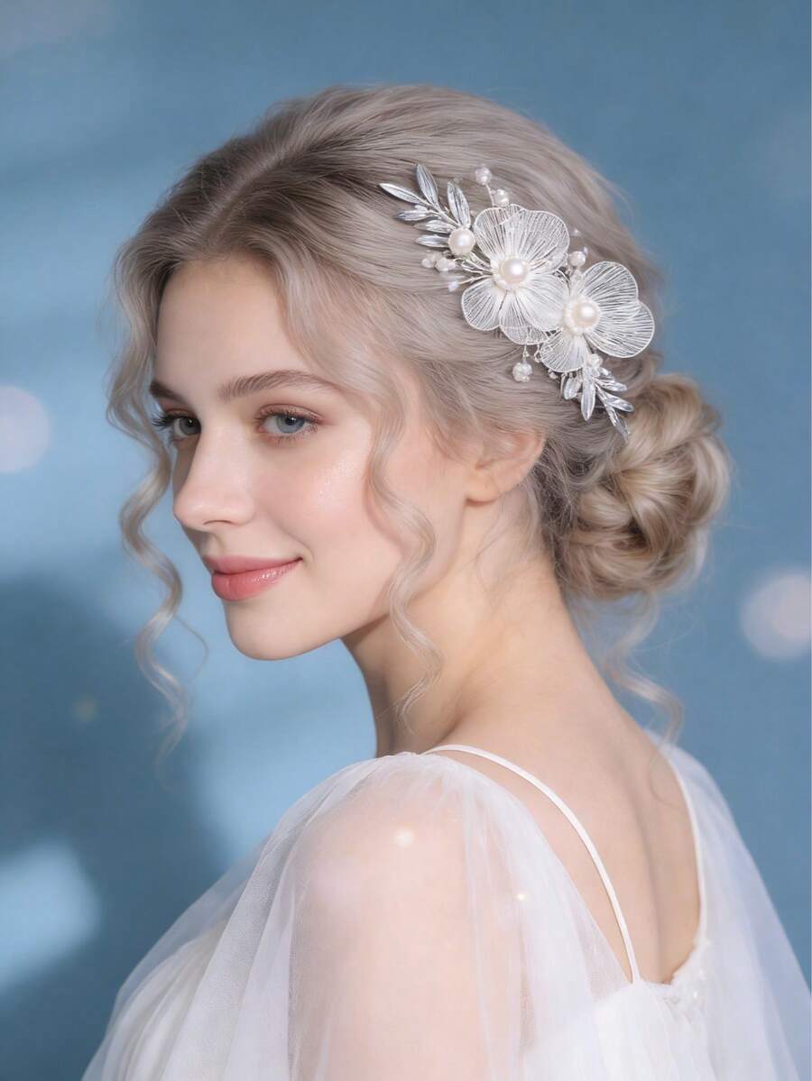 1 pièce Bandeau de mariée élégant à fleurs 3D, pour l'été, la plage, le mariage - Argent - Voir 1