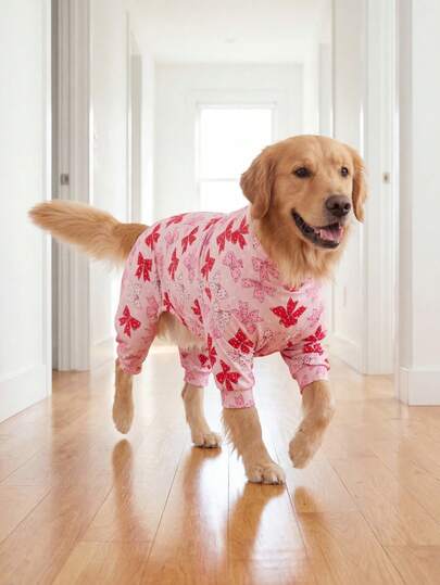 狗狗夏季防掉毛睡衣 - 透气高弹全包覆宠物连体衣，夏季防舔舐防虫连体衣，适合中大型犬，全身印花狗狗服装 - 可爱彩色蝴蝶结图案