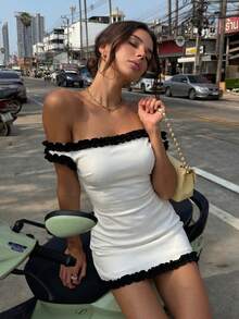 2026 HoloChill 女士休闲无袖单肩荷叶边短裙，夏季新款撞色迷你连衣裙，弹力女士夏季连衣裙，假日连衣裙，优雅派对连衣裙，沙滩婚礼宾客连衣裙，生日连衣裙，度假连衣裙 - 白色 - 查看 4