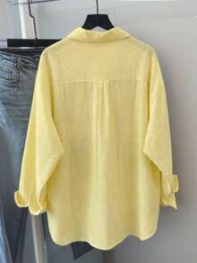 Women's Yellow Woven Polyester Fabric Shirt Collar Blouse, Long Sleeve Drop Shoulder, With Pockets, Spring/Summer - Yellow - View 2