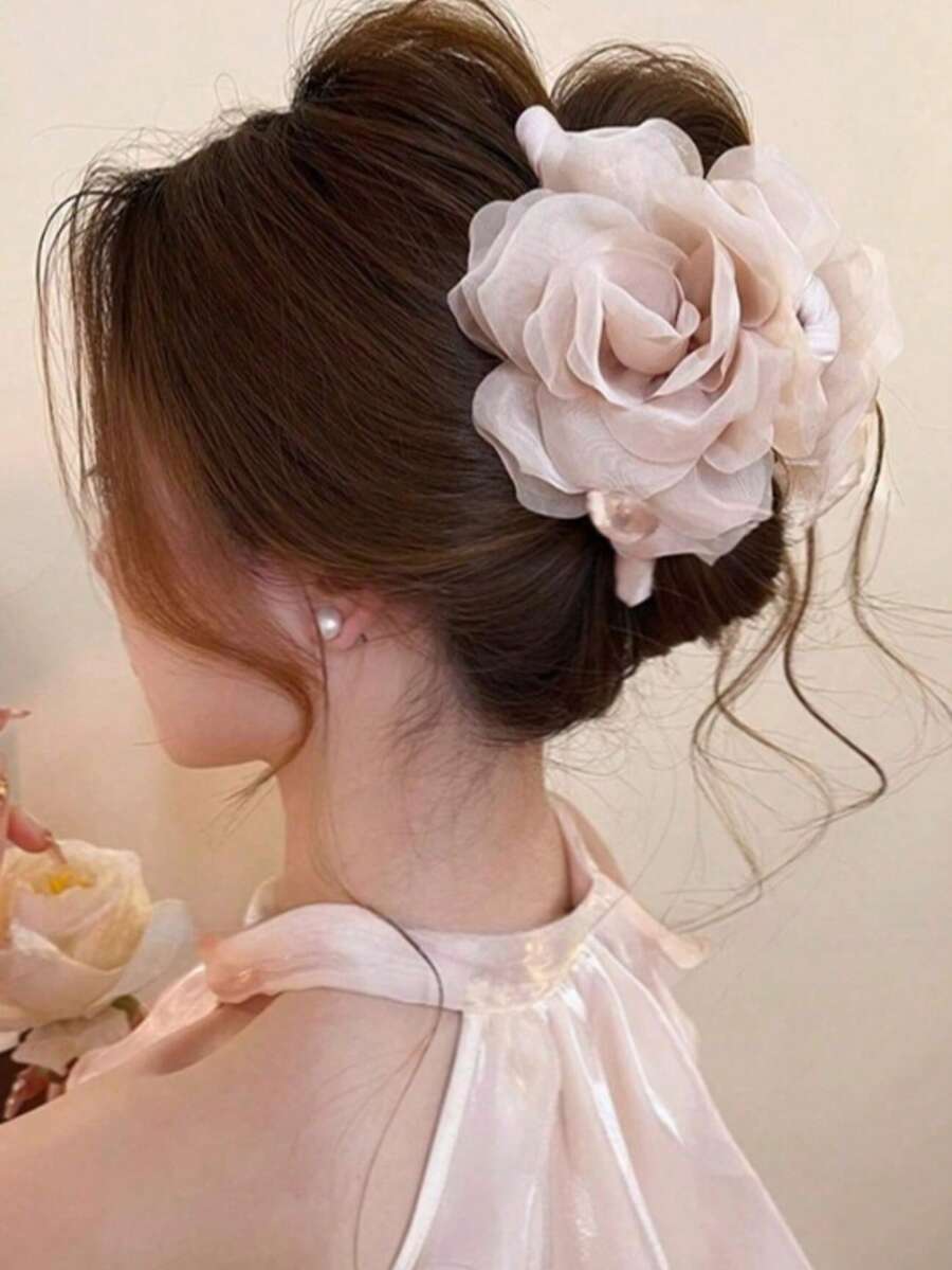 1 Bohemian Vacation Style Mesh Pearl Camellia Hair Clip Sweet Versatile Hair Claw Hair Accessory New Gauze Hair Clip - Multicolor - View 1