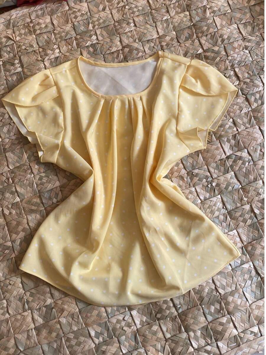 Polka Dot Blouse With Popcorn-Shaped Sleeves And Two Ruffles - Fashionable - Amarillo - Ver 1
