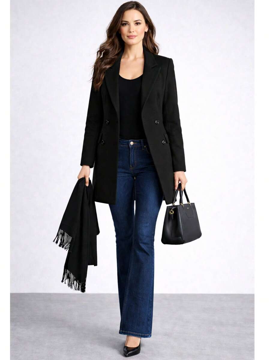 Women's Overcoat, Winter, Autumn, Elegant, Double Button, Office - 黑色 - 查看 1