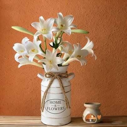 复古乡村风白色铁艺花瓶 - 复古双耳牛奶罐花瓶，适合婚礼餐桌装饰，金属花盆，可用于桌面展示干花，园艺植物牛奶桶装饰花瓶