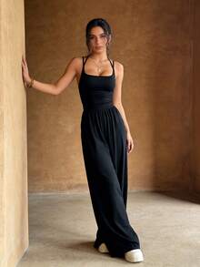 Women's Pleated Jumpsuit, Straight Leg, Loose Fit, Casual, Sleeveless, Summer - 黑色 - 查看 1