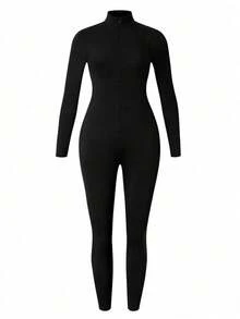 AiTyi Women's Plus Size Casual Jumpsuit, Zipper Closure Slim Fit Black Jumpsuit, Elegant For Fitness, Outdoor, Street, Y2K Party, Spring Outfit - Black - View 9