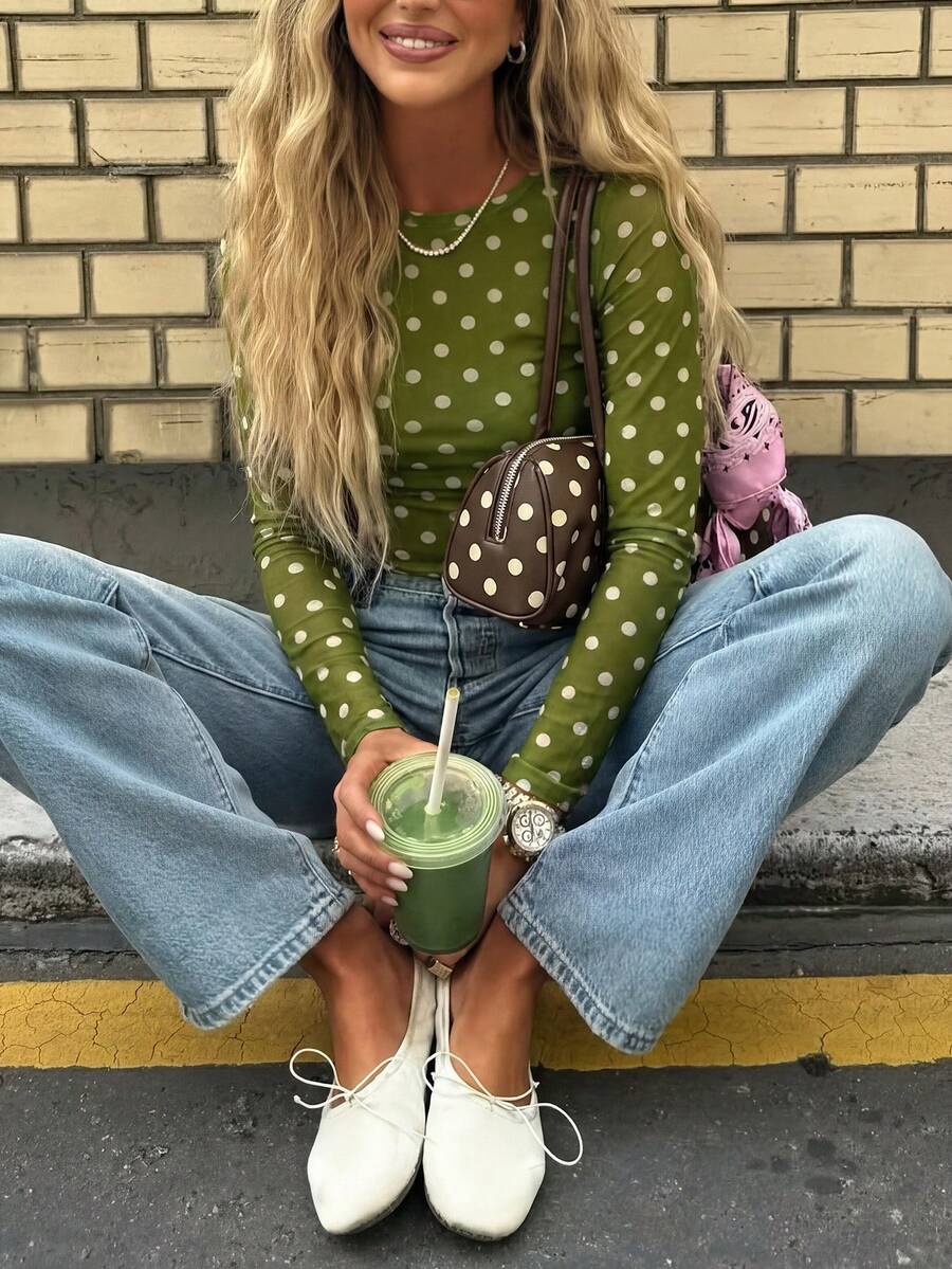 春夏修身女士波点针织衫 - 船领落肩长袖复古上衣 - 綠色 - 查看 1