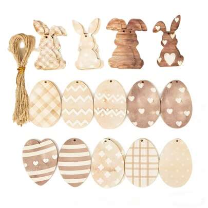 10件套复活节木质悬挂装饰套装 | 乡村风兔子和彩蛋造型，黄麻绳装饰 | 餐桌摆饰和墙面装饰，DIY春季家居装饰 | 复活节