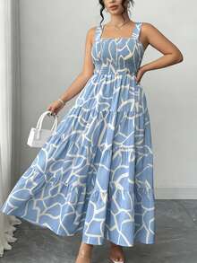 Vestido elegante de tiras finas con volantes en el bajo y estampado floral para mujeres de talla grande para vacaciones - Azul claro - Ver 5