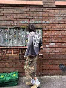 Y2K Distressed Choppers Cross Long Sleeve Tee - 3604洗黑 - 查看 4