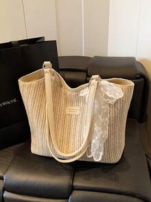 女士大容量草编蕾丝围巾手提包，夏季新款，多功能单肩包，质感十足，适合上课和通勤。 - 彩色 - 查看 1