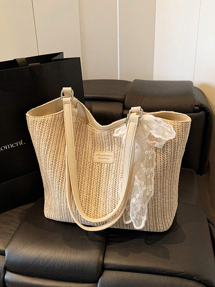 女士大容量草编蕾丝围巾手提包，夏季新款，多功能单肩包，质感十足，适合上课和通勤。 - 彩色 - 查看 1