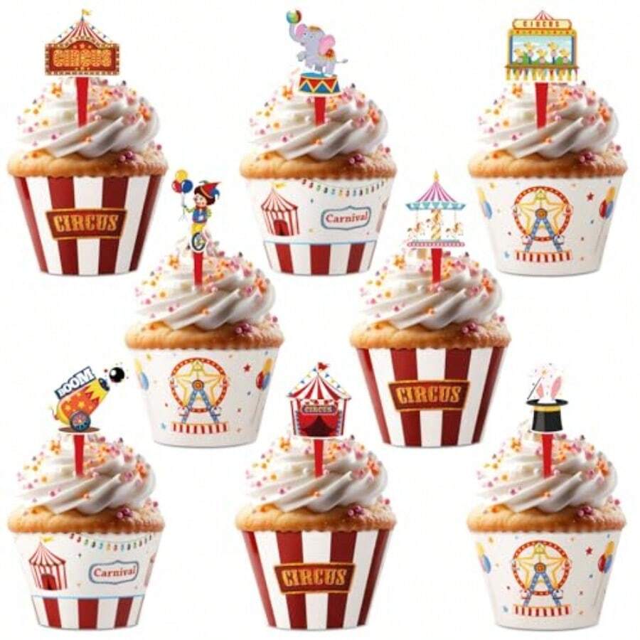 48 Pack Circus Cupcake Toppers And Wrappers Carnival Party Cake Decoration For Carnival Theme Birthday Party Baby Shower Supplies - Rạp xiếc - Xem 1