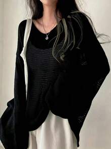 Casual Solid Color Round Neck Long Sleeve Loose Knit Sweater Spring Black - Black - View 3