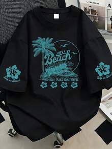 Camiseta con estampado de letra y palmera, blusa de verano casual para mujer talla grande, adecuada para vacaciones, playa, primavera, Día de la Madre, uso diario, boda, playa, gimnasio, graduación, fiesta, blusa de primavera de moda en color negro - Negro - Ver 1