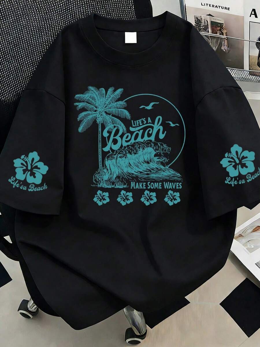 Camiseta con estampado de letra y palmera, blusa de verano casual para mujer talla grande, adecuada para vacaciones, playa, primavera, Día de la Madre, uso diario, boda, playa, gimnasio, graduación, fiesta, blusa de primavera de moda en color negro - Negro - Ver 1