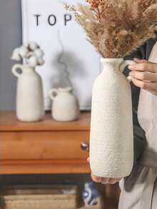 1pc White Resin Vase With Rustic Texture And Handle, Suitable For Minimalist Boho Style Home Decor. Can Be Used To Hold Reeds And Dried Flowers, Its Countryside Design Makes It An Excellent Gift For Friends (Suitable For Any Occasion) - Multicolor - View 3