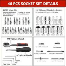 46Pcs Socket Set Auto Repair Multi-Functional 1/4 Inch Drive Socket Ratchet Wrench Set Round Edge Drive Socket Motorcycle Repair - 46-piece Set - View 5