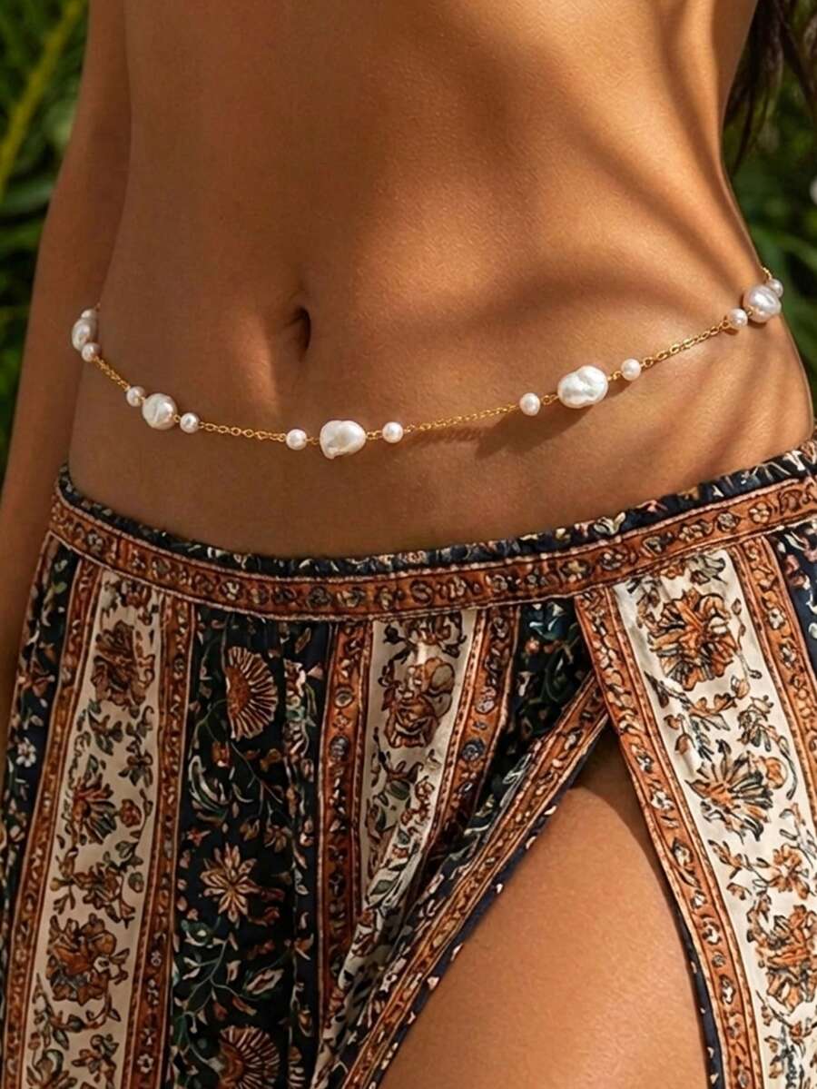 1 chiếc mặt dây chuyền ngọc trai giả bất đối xứng thanh lịch dành cho mùa hè, dây đeo eo trang sức cơ thể, phụ kiện dành cho nữ. - Kiểu 2 - Xem 1