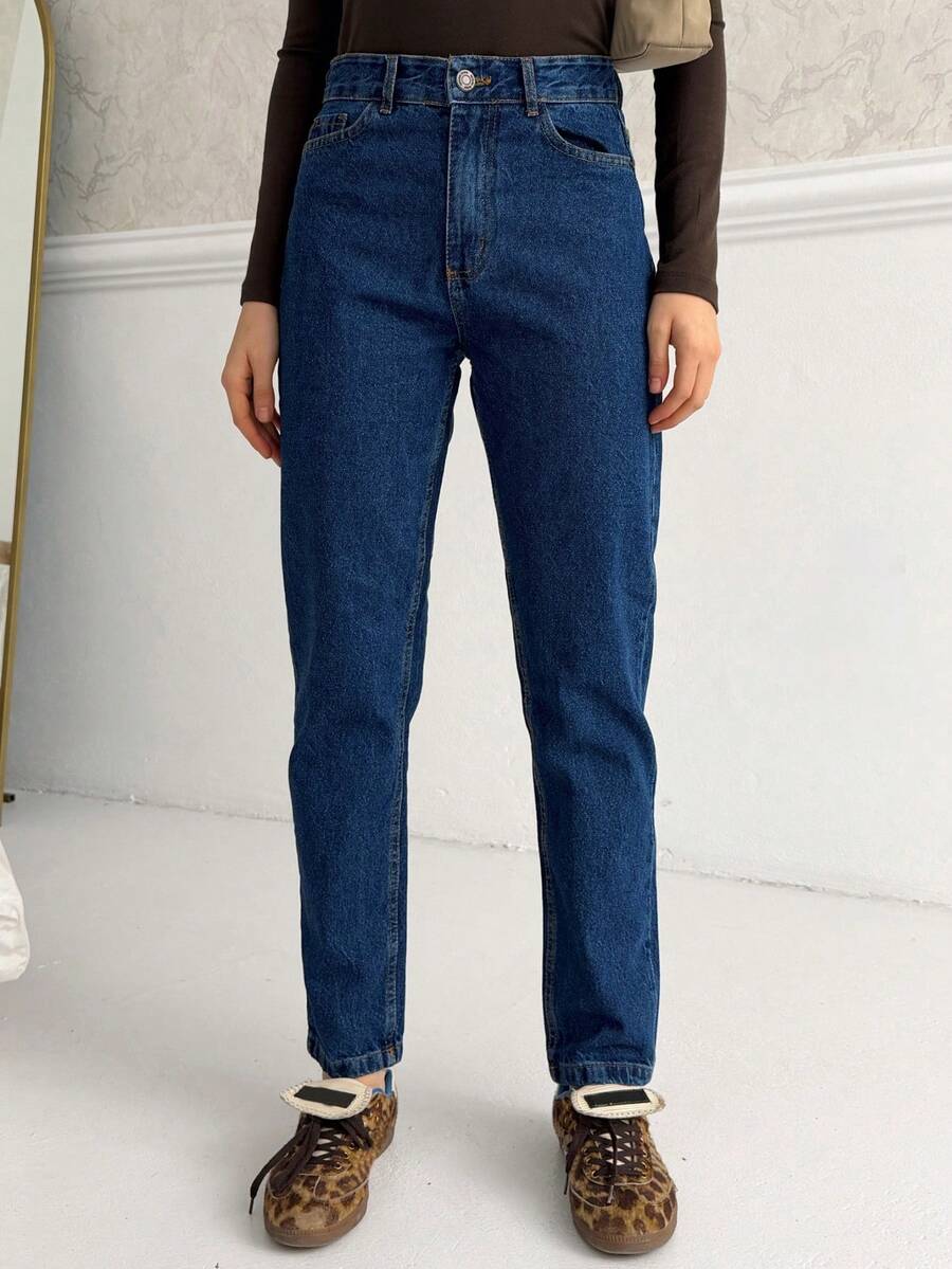 High Waist Knee Laser Ripped Boyfriend Mom Jeans, Solid Color Destroyed Asymmetric/Asymmetrical Pockets - Navy Blue - View 1